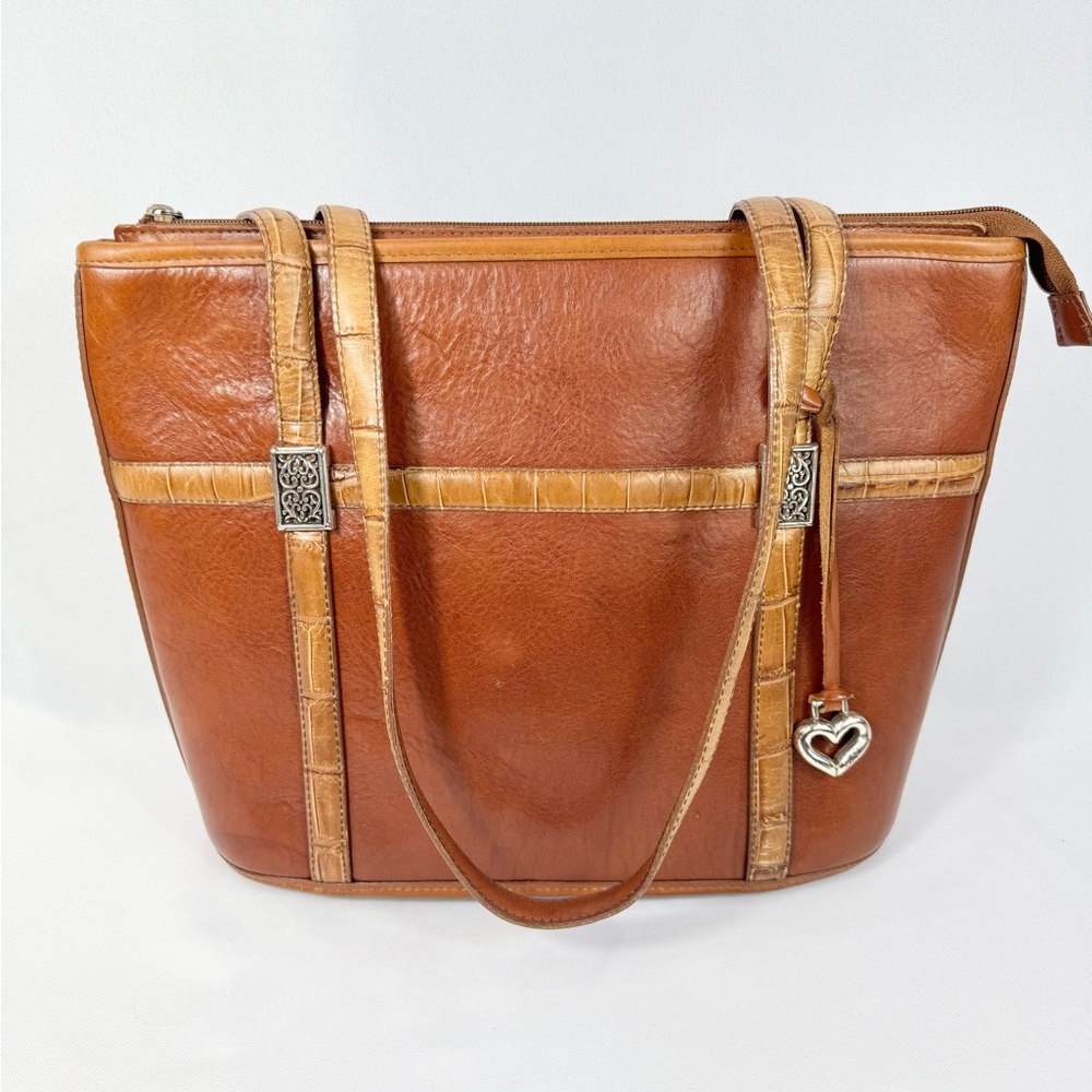 Vintage Brighton British Tan Leather Croc Embossed Trim Slim Tote Handbag